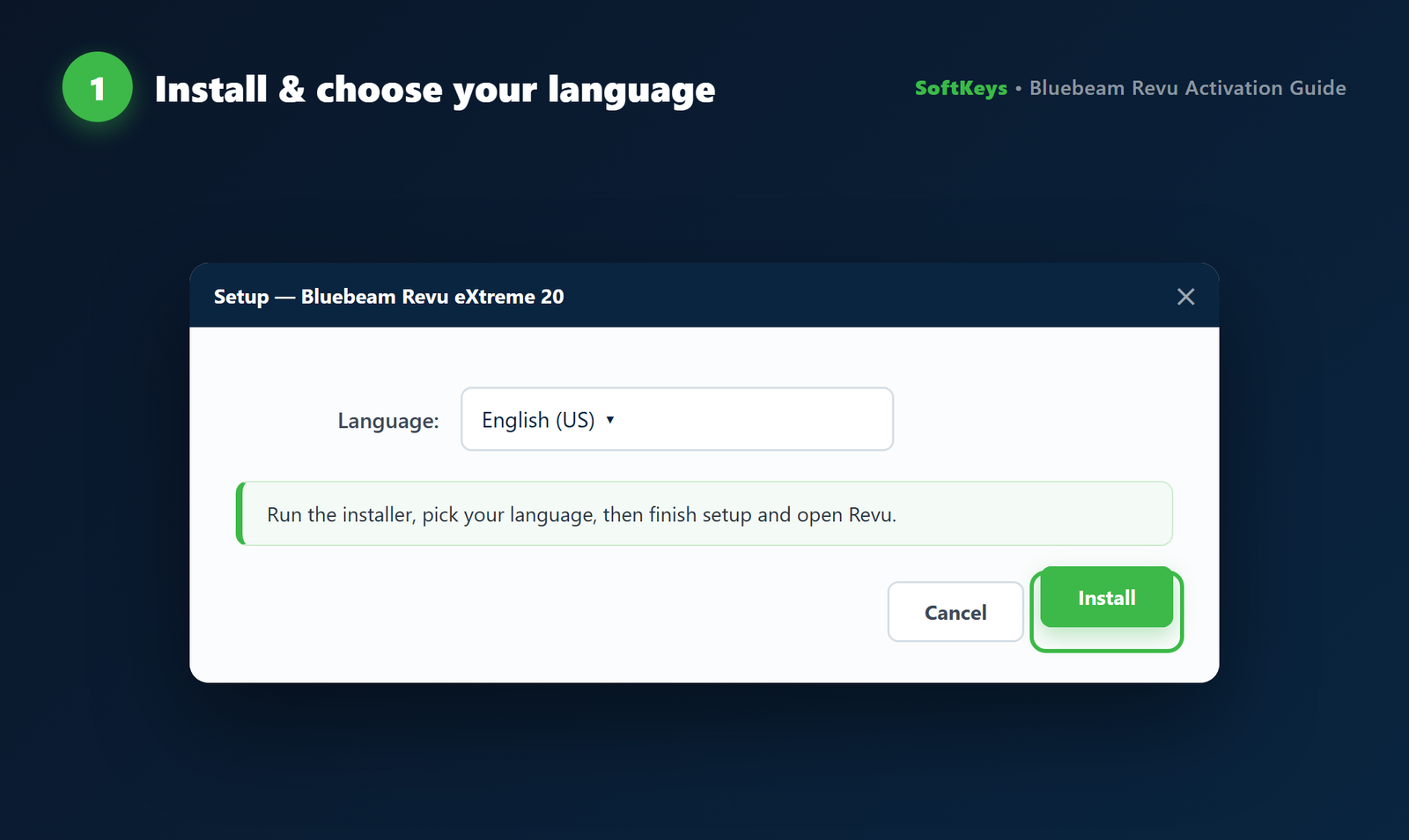 Bluebeam Revu eXtreme 20 installer language selection screen
