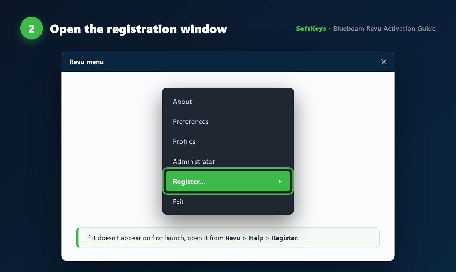 Opening the Register window from the Bluebeam Revu menu