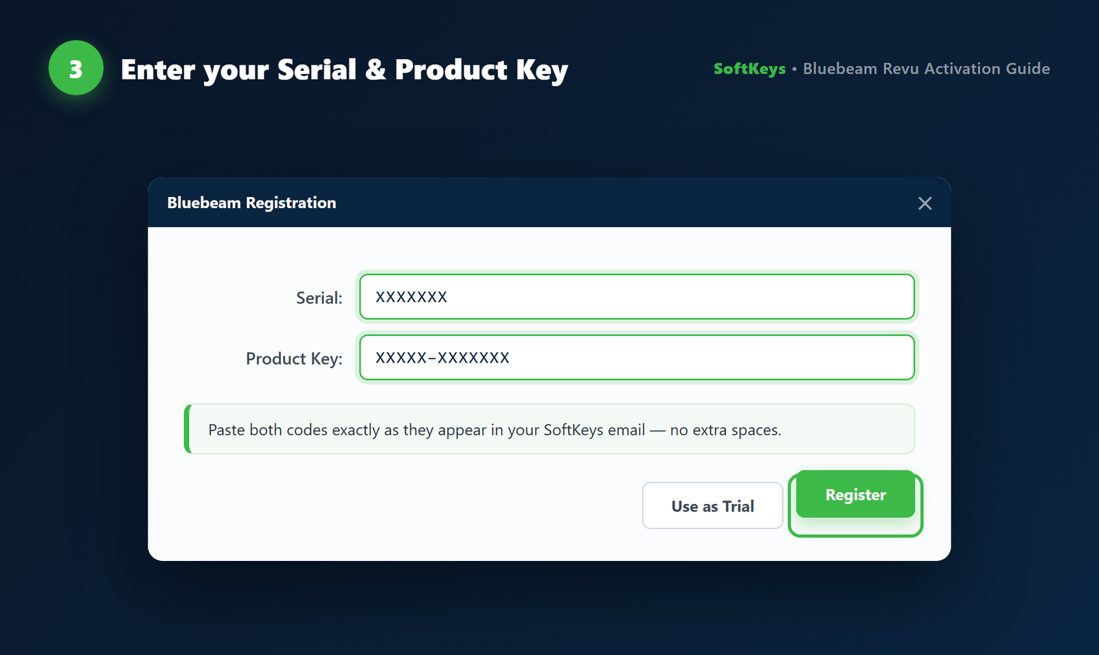 Entering the Bluebeam serial number and product key to register