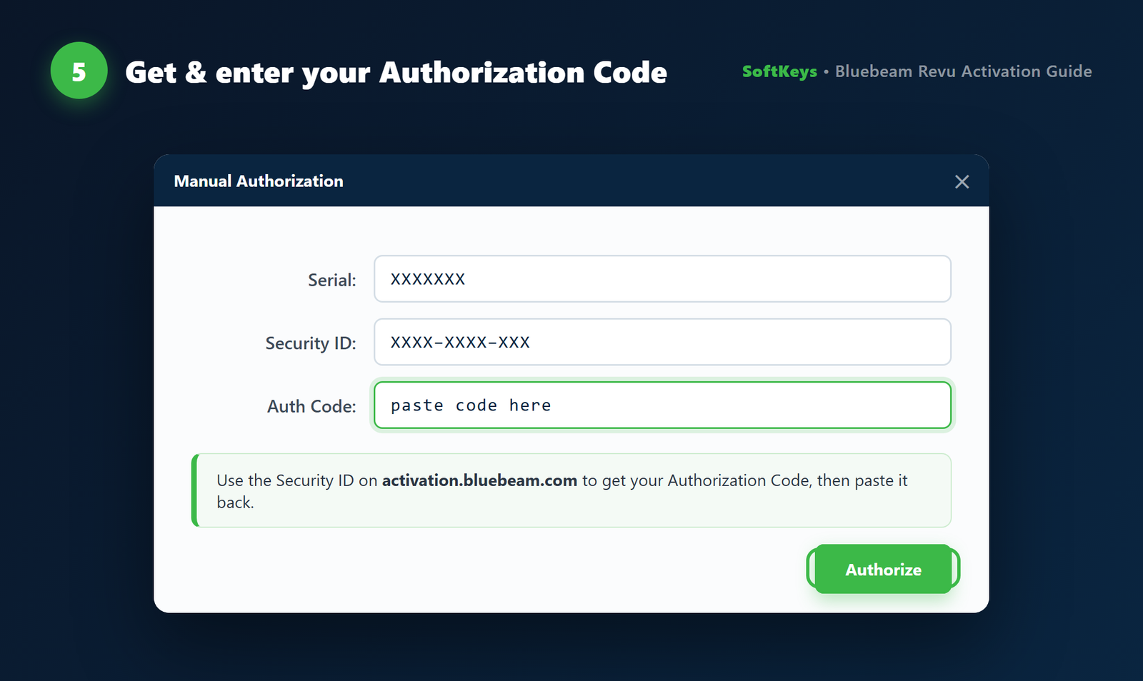 Entering the Authorization Code in the Bluebeam Manual Authorization window
